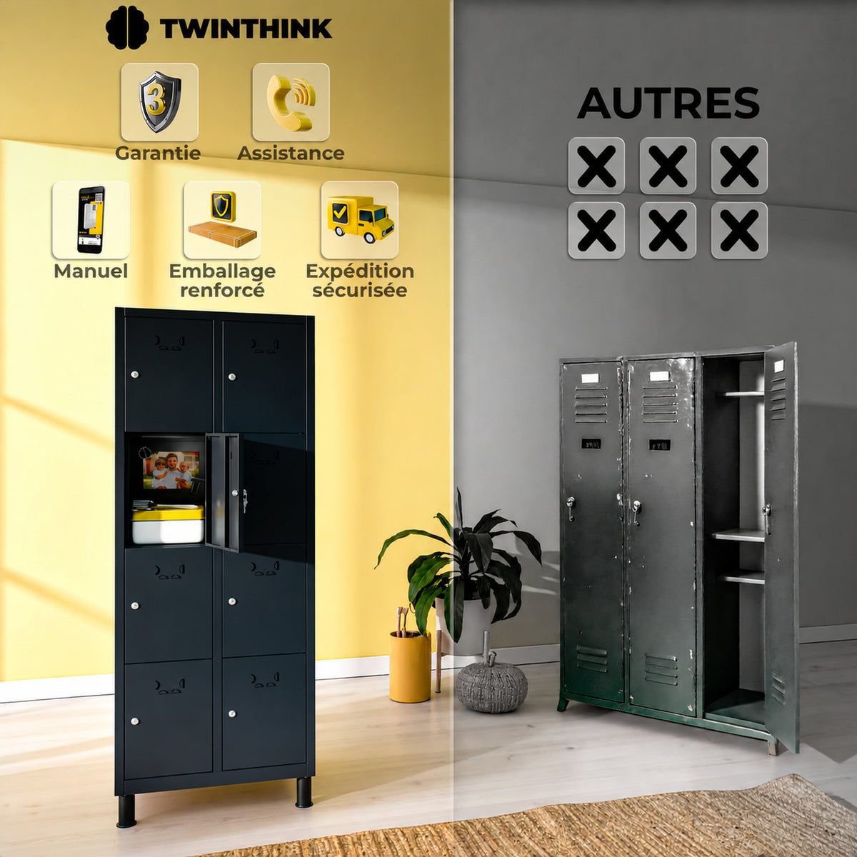 [color:polar-black][lang:fr] Vestiaire métallique, 8 portes avec clé, 177×65×40 cm en noir Polar Black — infographie 2