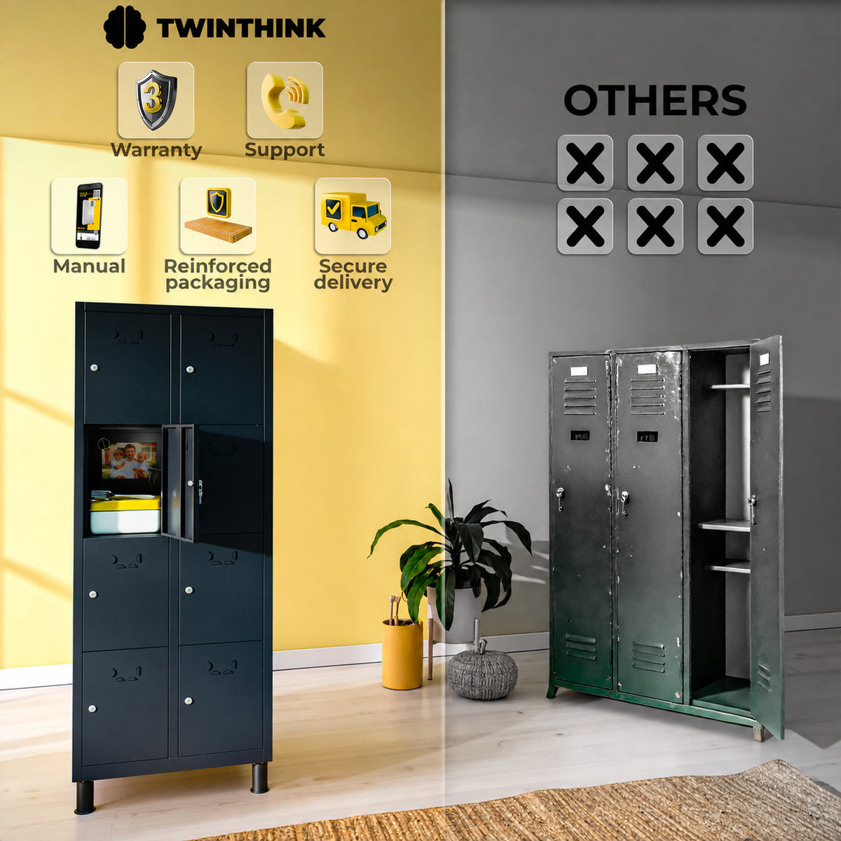 [color:polar-black][lang:en] Metal locker, 8 doors with key, 177×65×40 cm in Polar Black — infographic 2