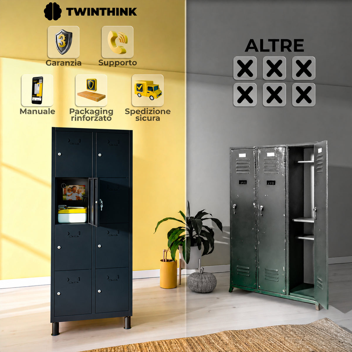 [color:polar-black][lang:it] Armadietto metallico, 8 ante con chiave, 177×65×40 cm in nero Polar Black — infografica 2