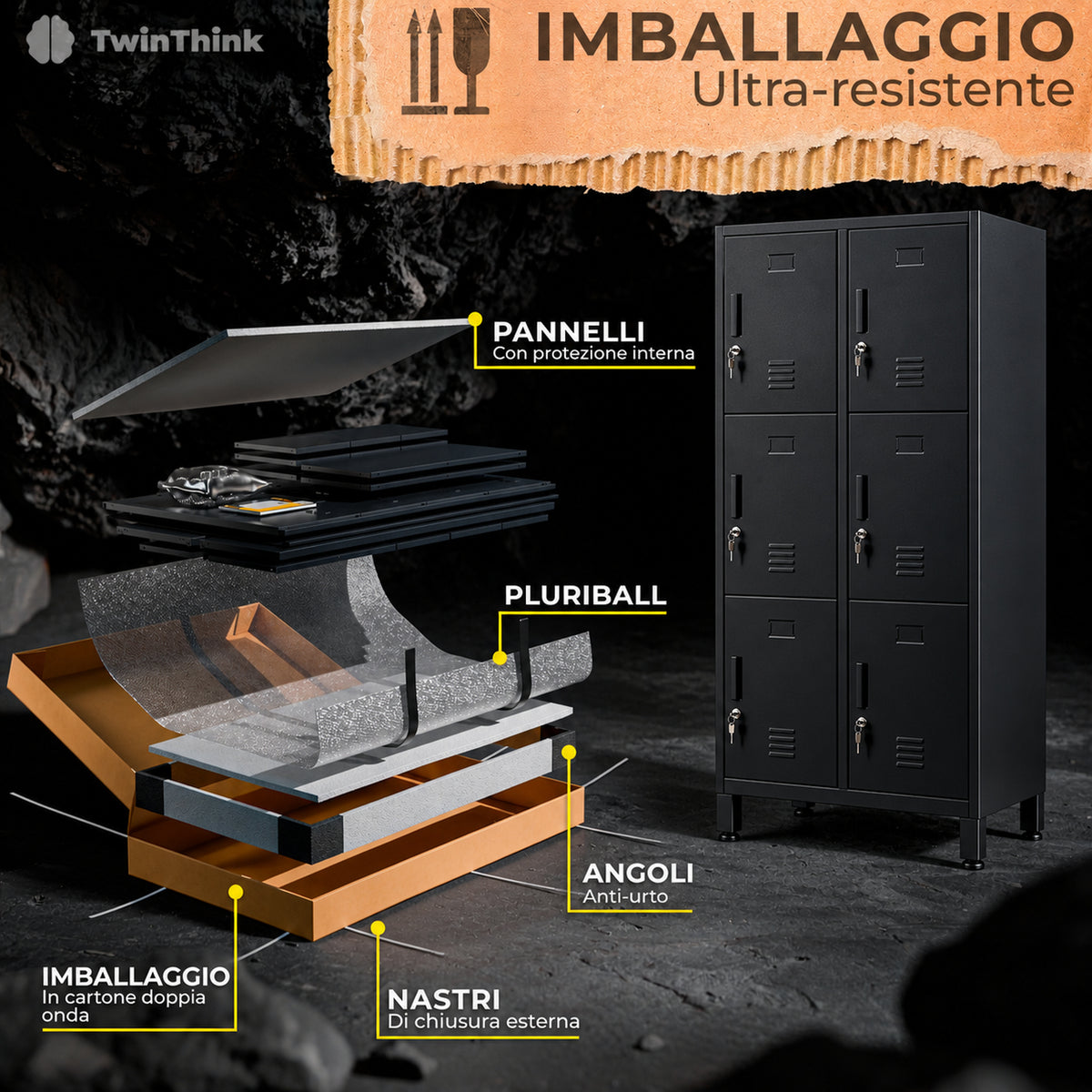[color:polar-black][lang:it] Armadietto metallico, 8 ante con chiave, 177×65×40 cm in nero Polar Black — infografica 6