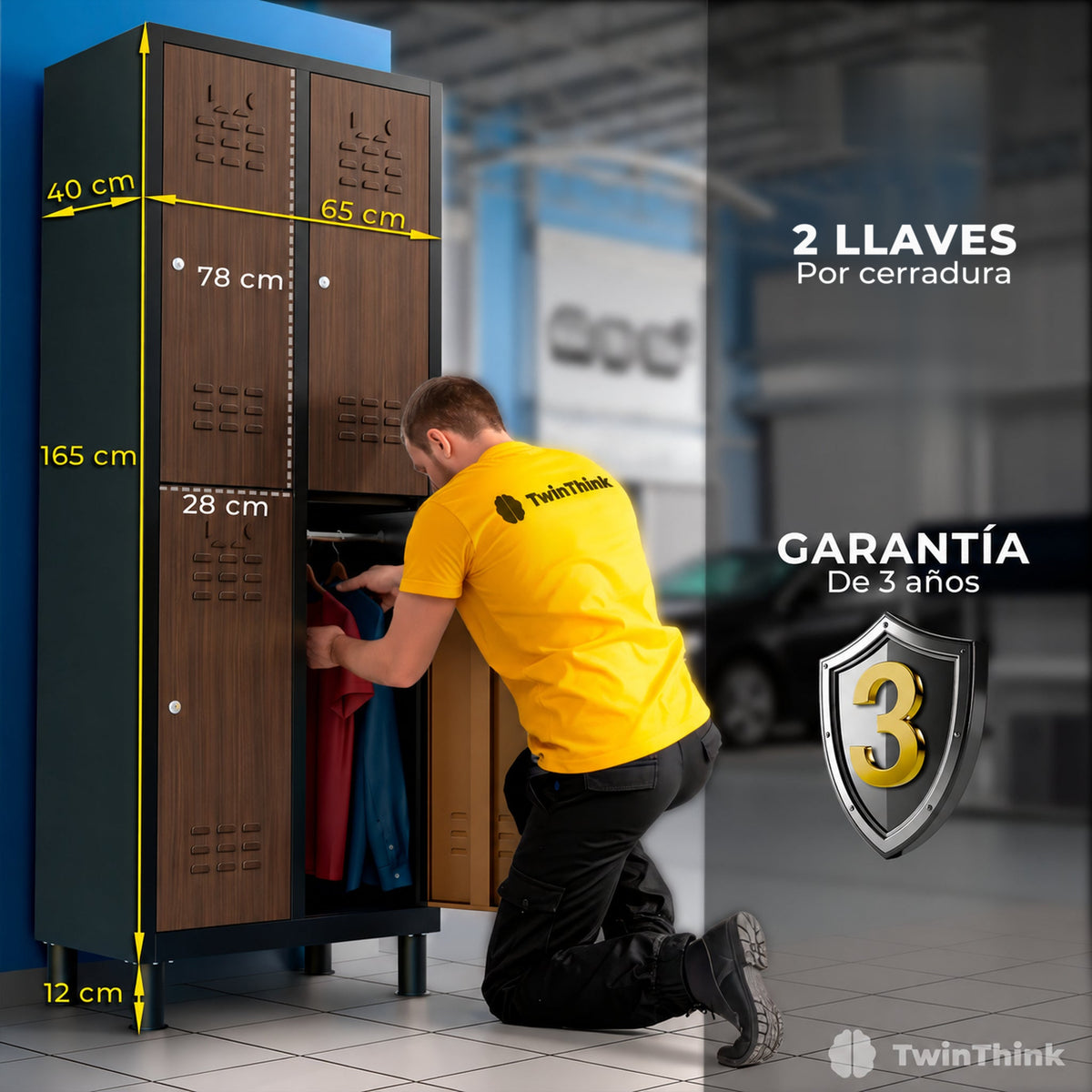 Taquilla metálica 4 puertas 177 x 65 x 40 cm en efecto madera — infografía 1