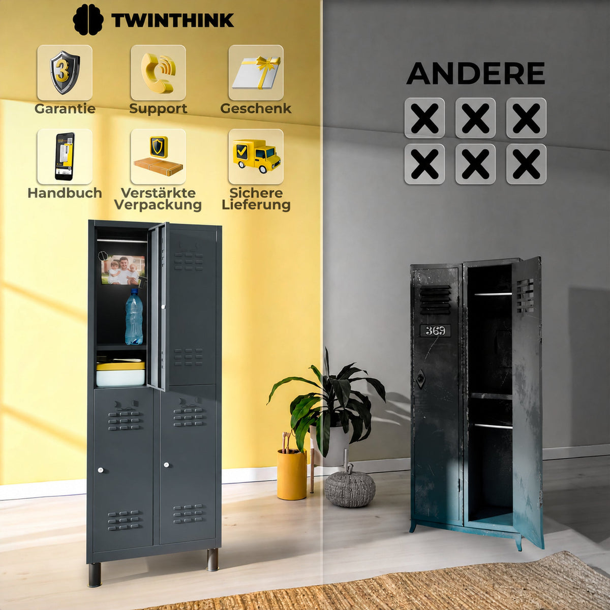 Metallspind, 4 Türen mit Schlüssel, 177×65×40 cm in Anthrazit — Infografik 2