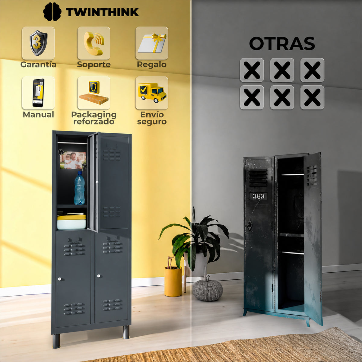 Taquilla metálica 4 puertas 177 x 65 x 40 cm en antracita — infografía 2