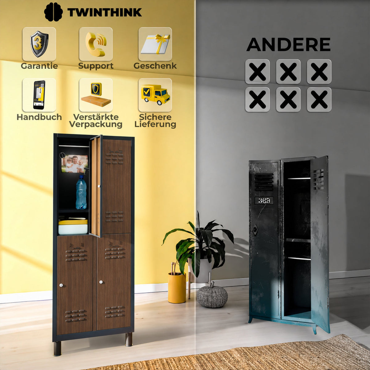 Metallspind, 4 Türen mit Schlüssel, 177×65×40 cm in Holzoptik — Infografik 2