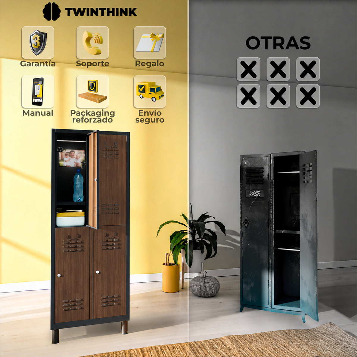 Taquilla metálica 4 puertas 177 x 65 x 40 cm en efecto madera — infografía 2