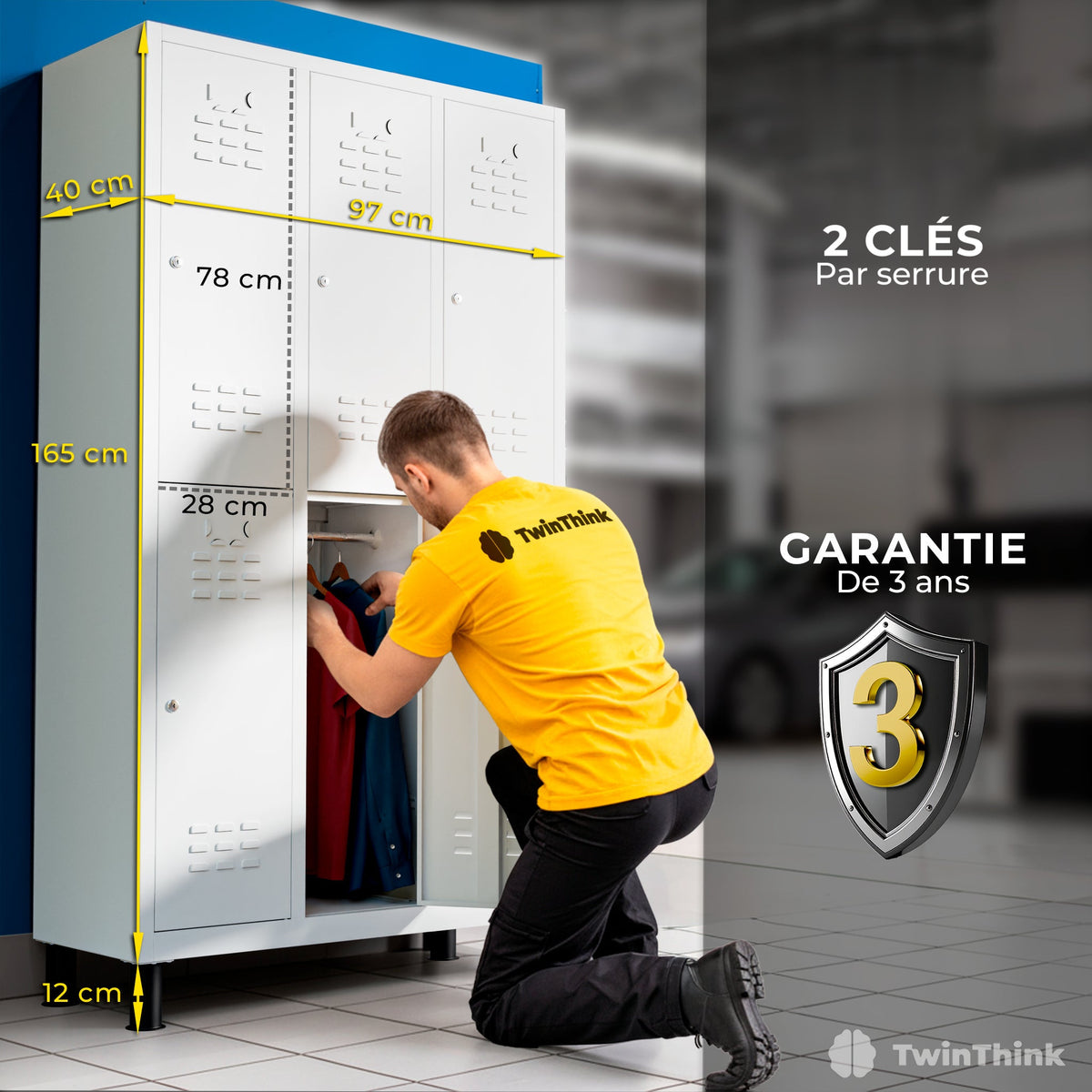 Vestiaire métallique, 6 portes avec clé, 177×97×40 cm en blanc Lunar White — infographie 1