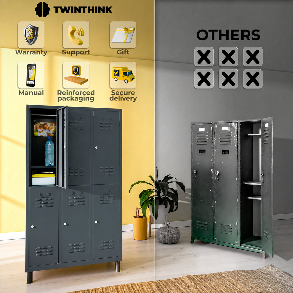 Metalen locker, 6 deuren met sleutel, 177×97×40 cm