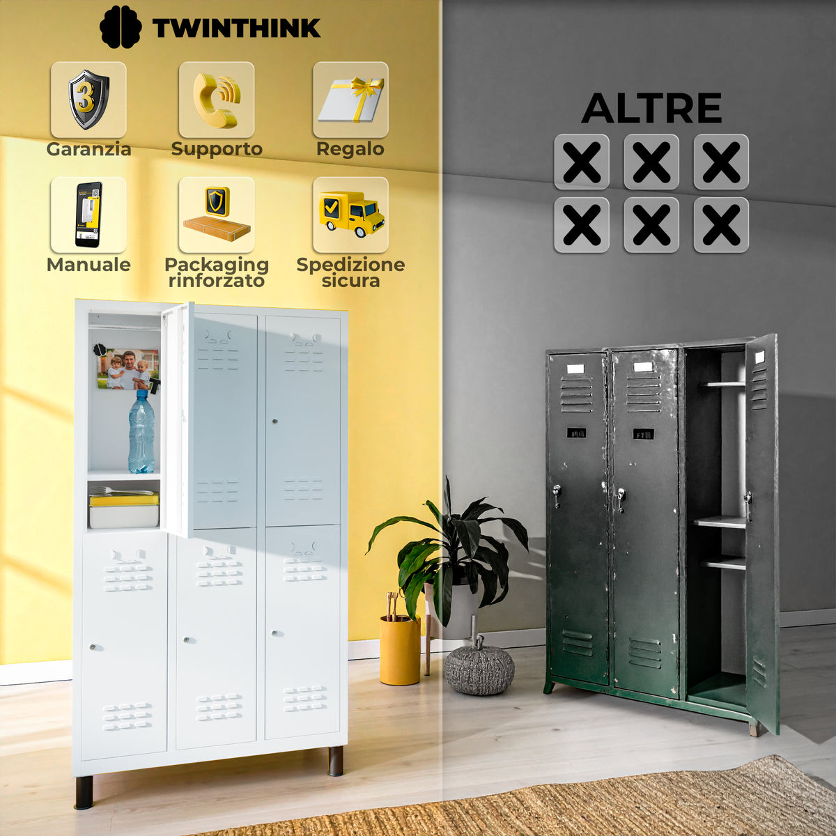 Armadietto metallico, 6 ante con chiave, 177×97×40 cm in bianco Lunar White — infografica 2
