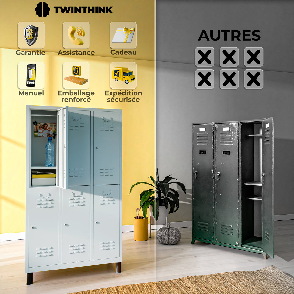 Vestiaire métallique, 6 portes avec clé, 177×97×40 cm en gris Urban Grey — infographie 2