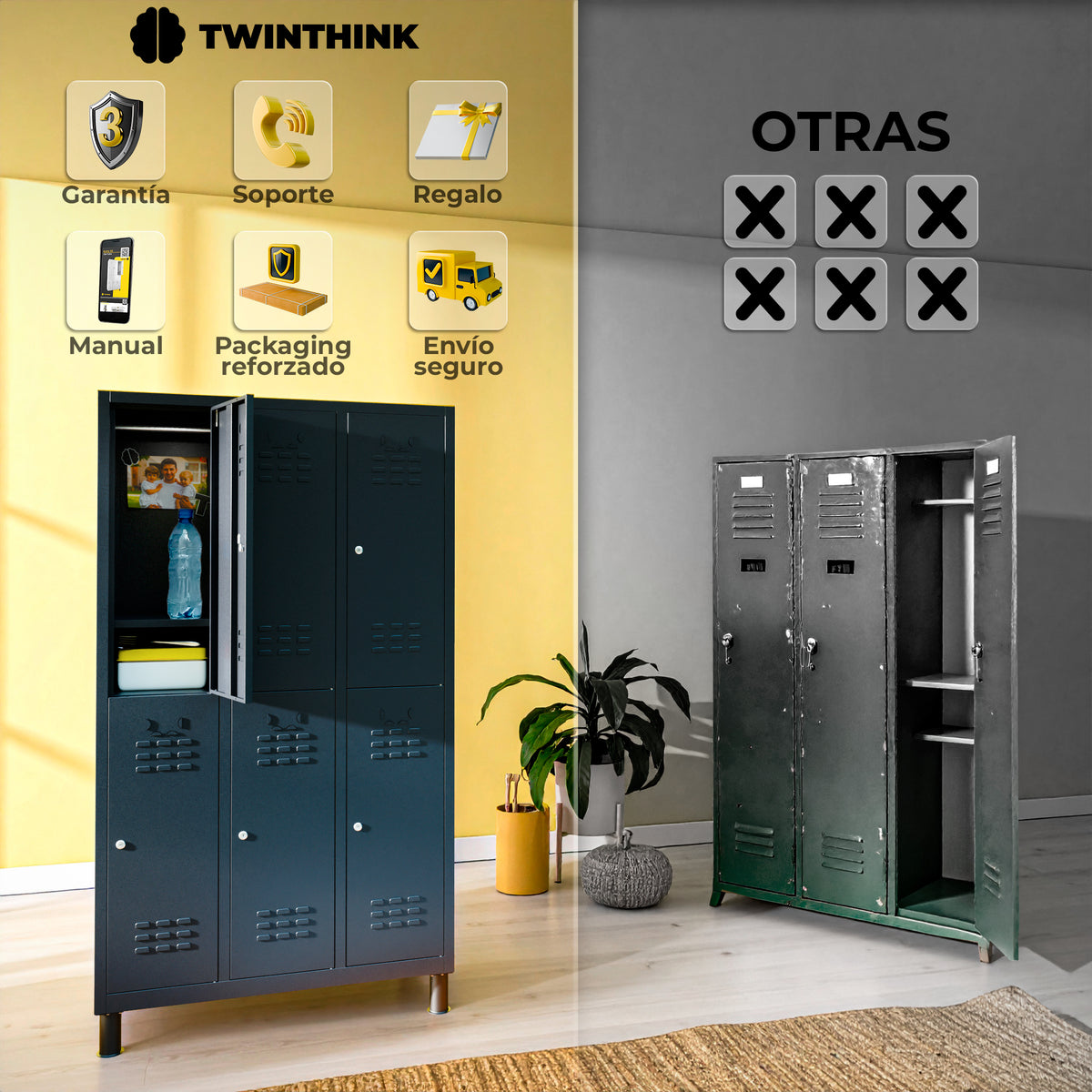 Taquilla metálica 6 puertas 177 x 97 x 40 cm en negro — infografía 2