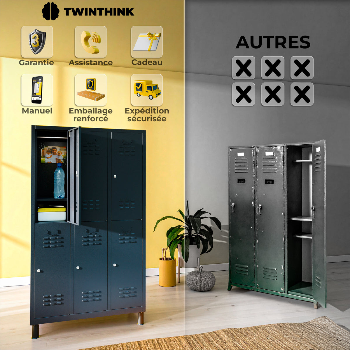 Metalen locker, 6 deuren met sleutel, 177×97×40 cm