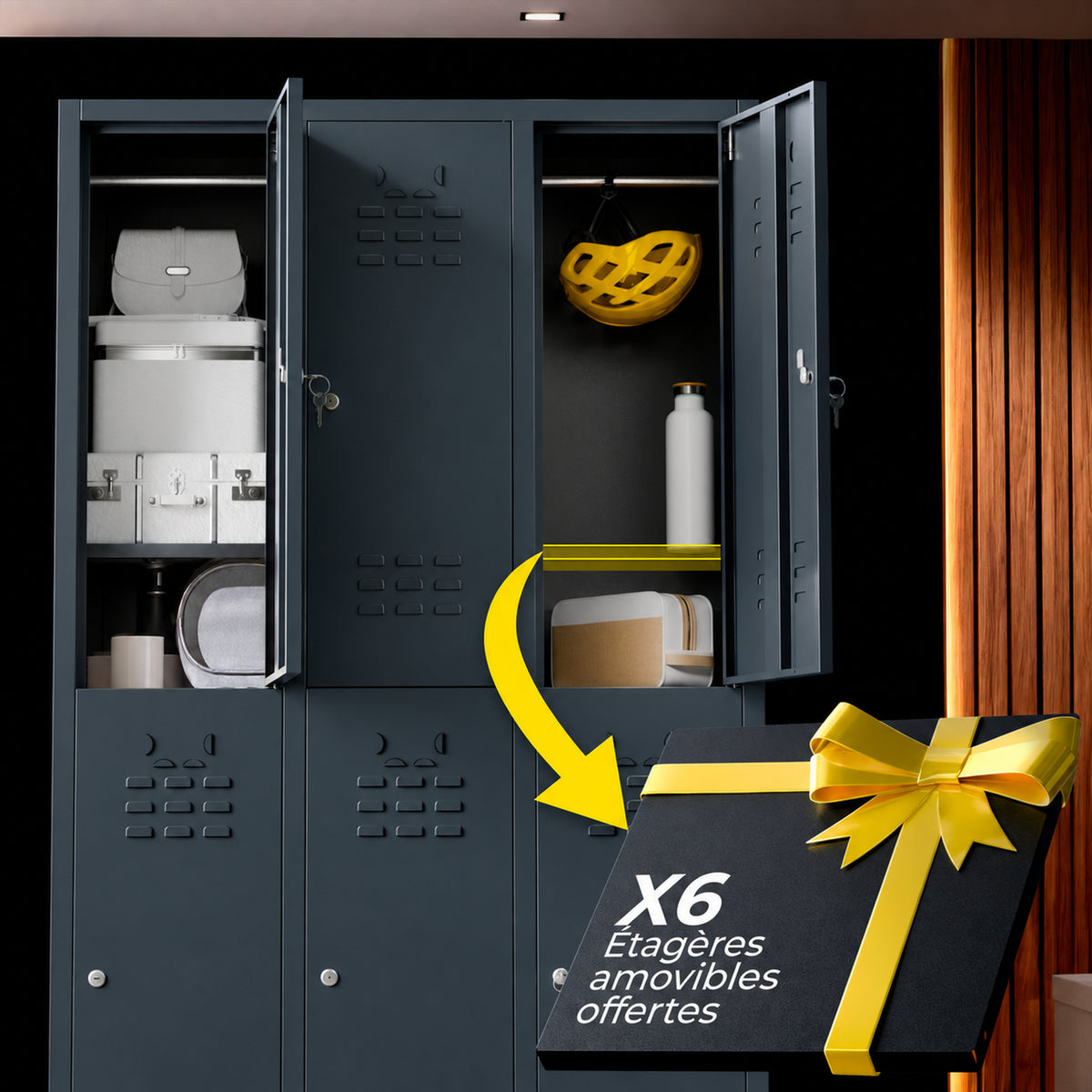Metalen locker, 6 deuren met sleutel, 177×97×40 cm