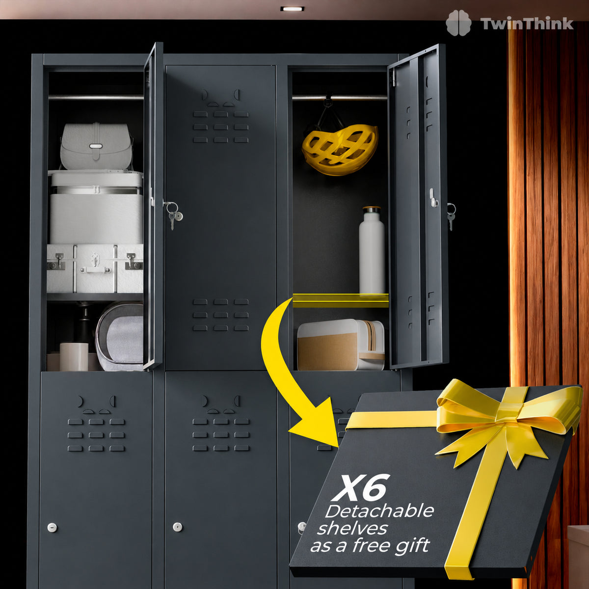 Metalen locker, 6 deuren met sleutel, 177×97×40 cm