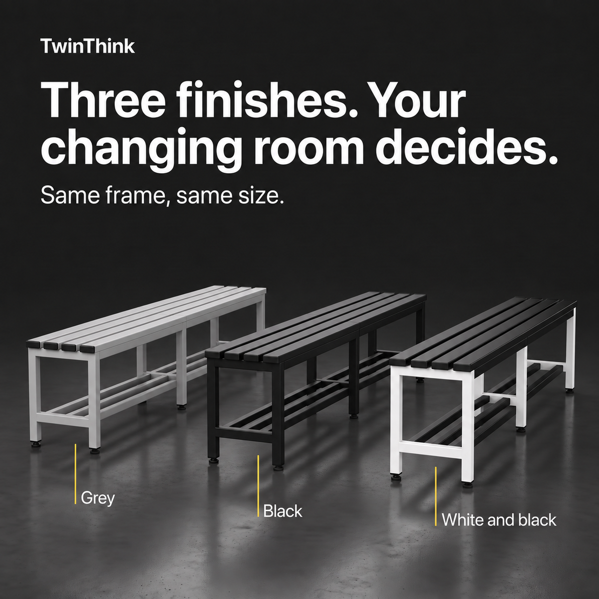 Metal changing room bench, 150×32×45 cm in white and black (Eclipse), the three finishes: grey, black, and white and black