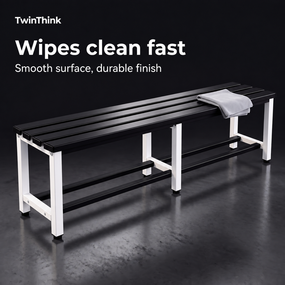 Metal changing room bench, 150×32×45 cm in white and black (Eclipse), smooth surface that wipes clean fast