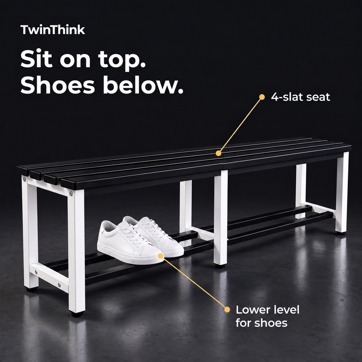 Metal changing room bench, 150×32×45 cm in white and black (Eclipse), 4-slat seat and lower shelf for shoes