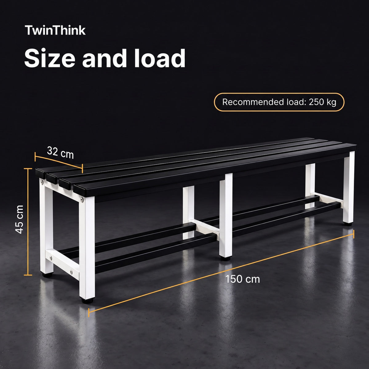 Metal changing room bench, 150×32×45 cm in white and black (Eclipse), dimensions and recommended load
