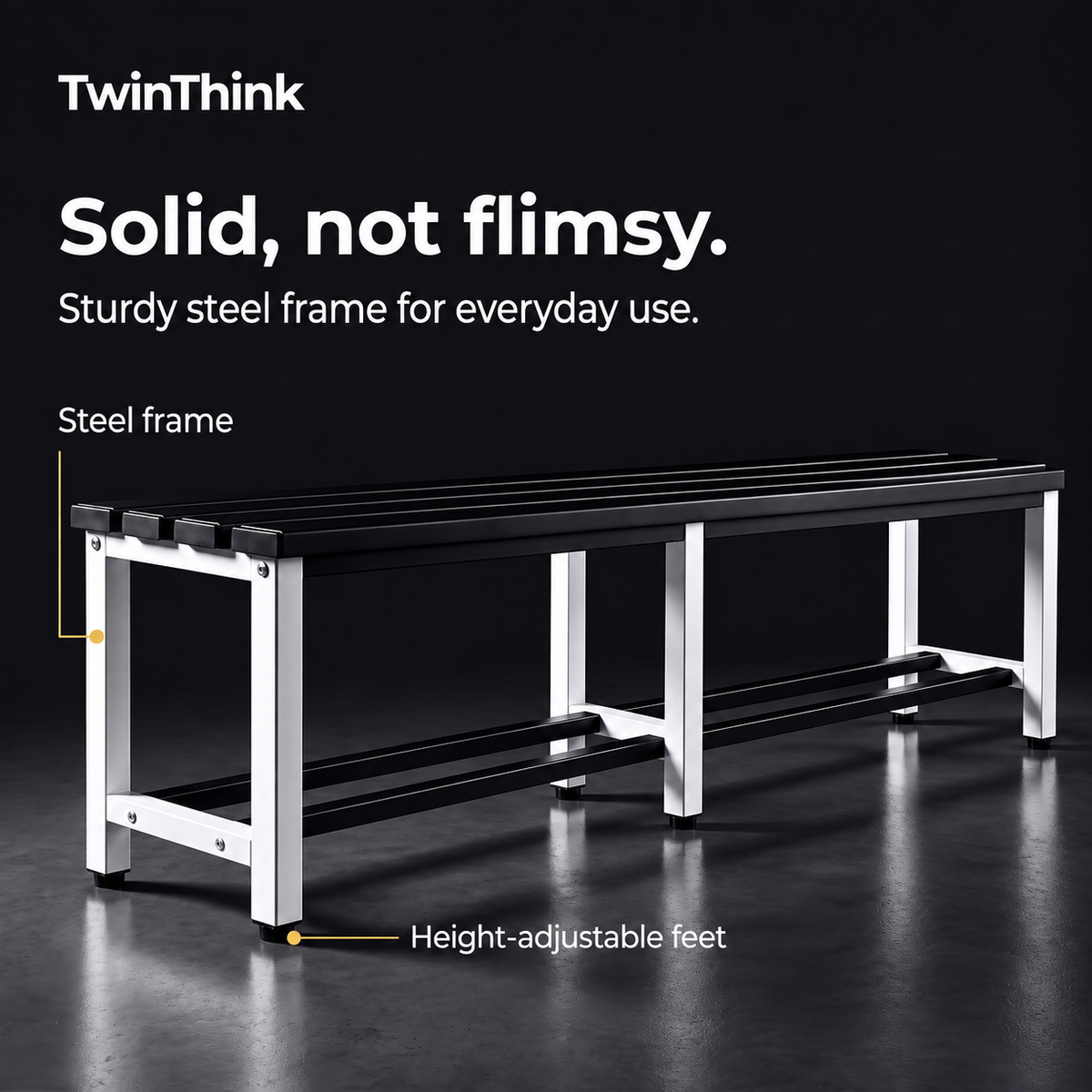Metal changing room bench, 150×32×45 cm in white and black (Eclipse), steel frame
