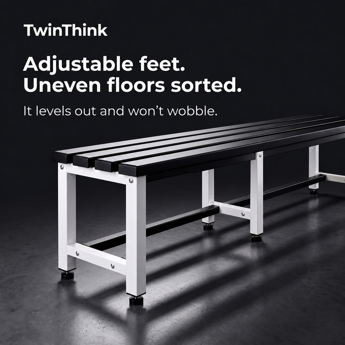 Metal changing room bench, 150×32×45 cm in white and black (Eclipse), height-adjustable feet