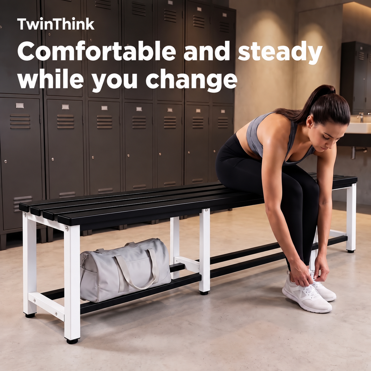 Metal changing room bench, 150×32×45 cm in white and black (Eclipse), in a gym changing room