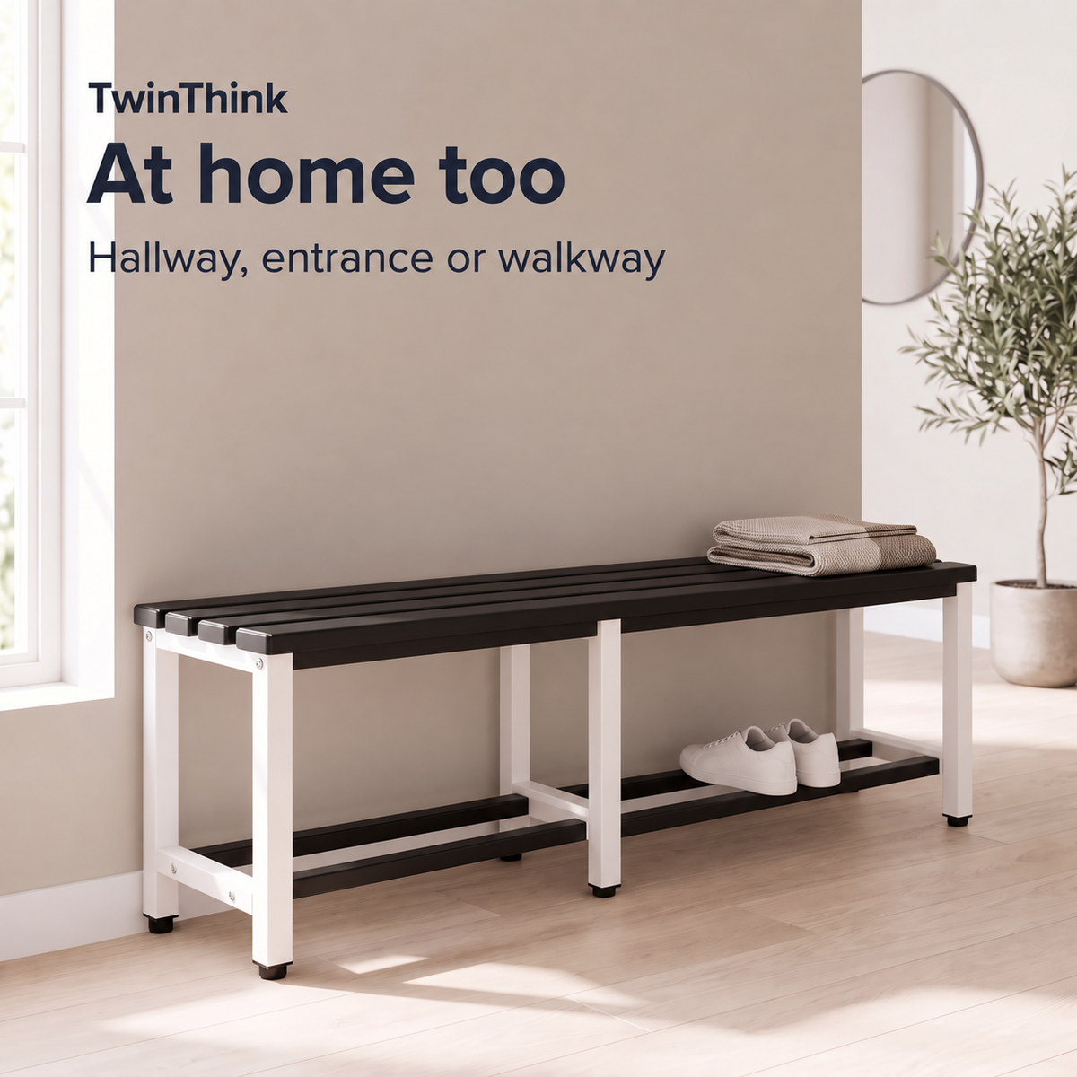 Metal changing room bench, 150×32×45 cm in white and black (Eclipse), in a home entryway
