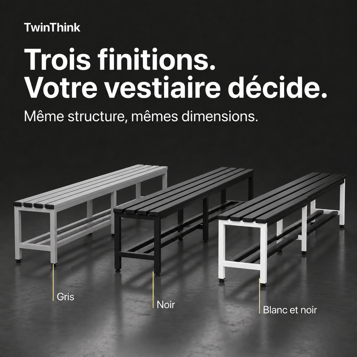 Banc de vestiaire métallique, 150×32×45 cm en noir et blanc (Eclipse), les trois finitions : gris, noir, blanc et noir