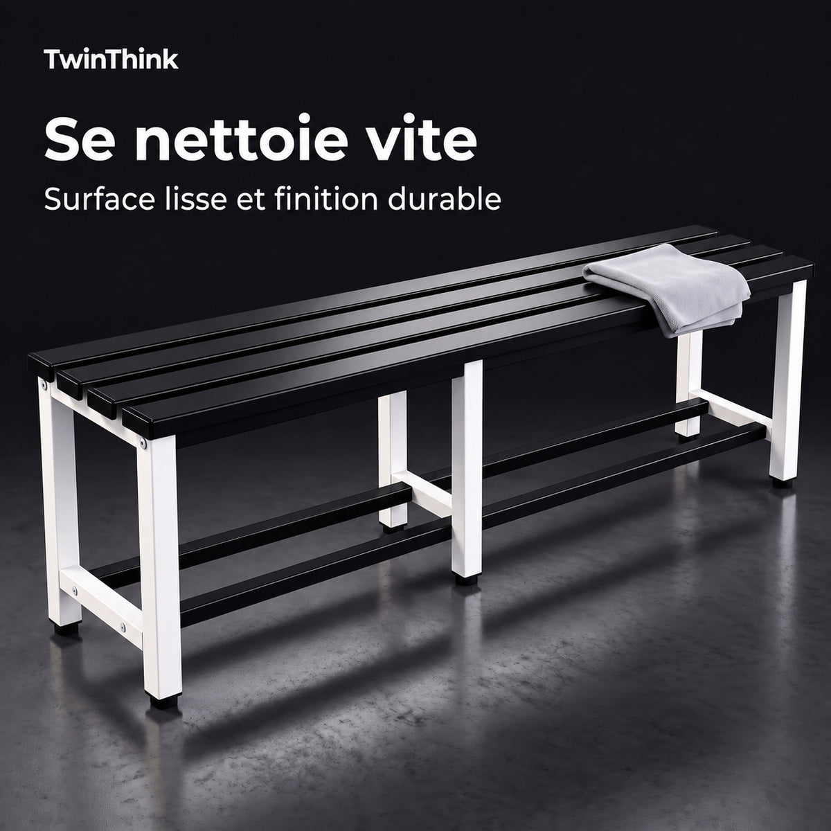 Banc de vestiaire métallique, 150×32×45 cm en noir et blanc (Eclipse), surface lisse qui se nettoie vite
