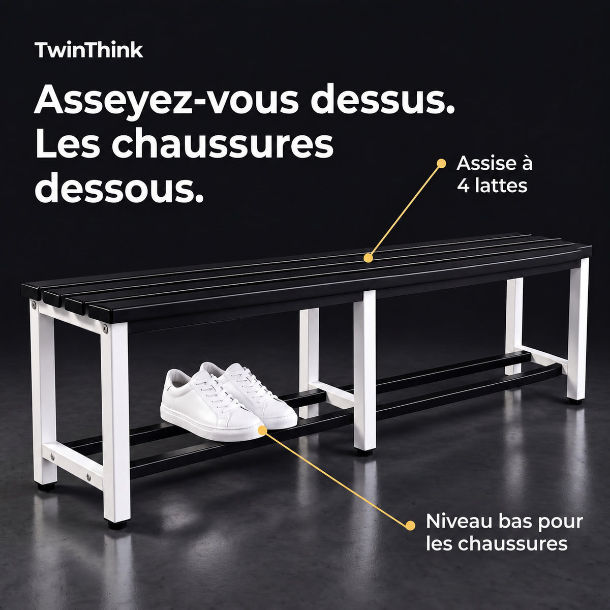 Banc de vestiaire métallique, 150×32×45 cm en noir et blanc (Eclipse), assise à 4 lattes et niveau bas pour les chaussures