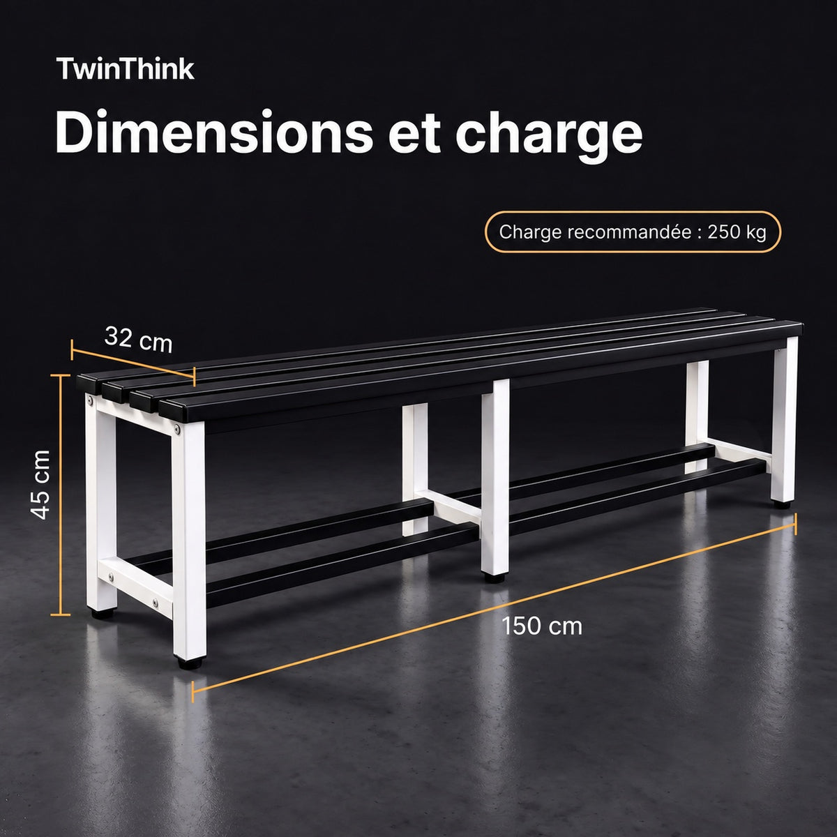 Banc de vestiaire métallique, 150×32×45 cm en noir et blanc (Eclipse), dimensions et charge recommandée