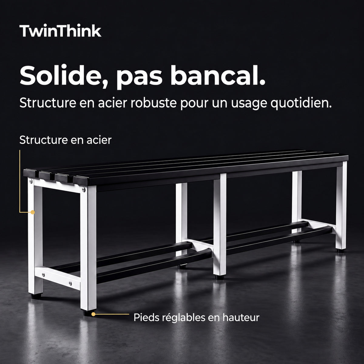 Banc de vestiaire métallique, 150×32×45 cm en noir et blanc (Eclipse), structure en acier