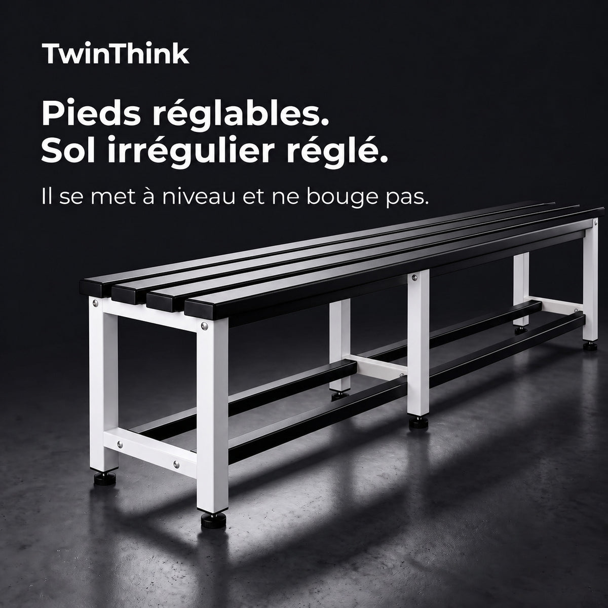 Banc de vestiaire métallique, 150×32×45 cm en noir et blanc (Eclipse), pieds réglables en hauteur