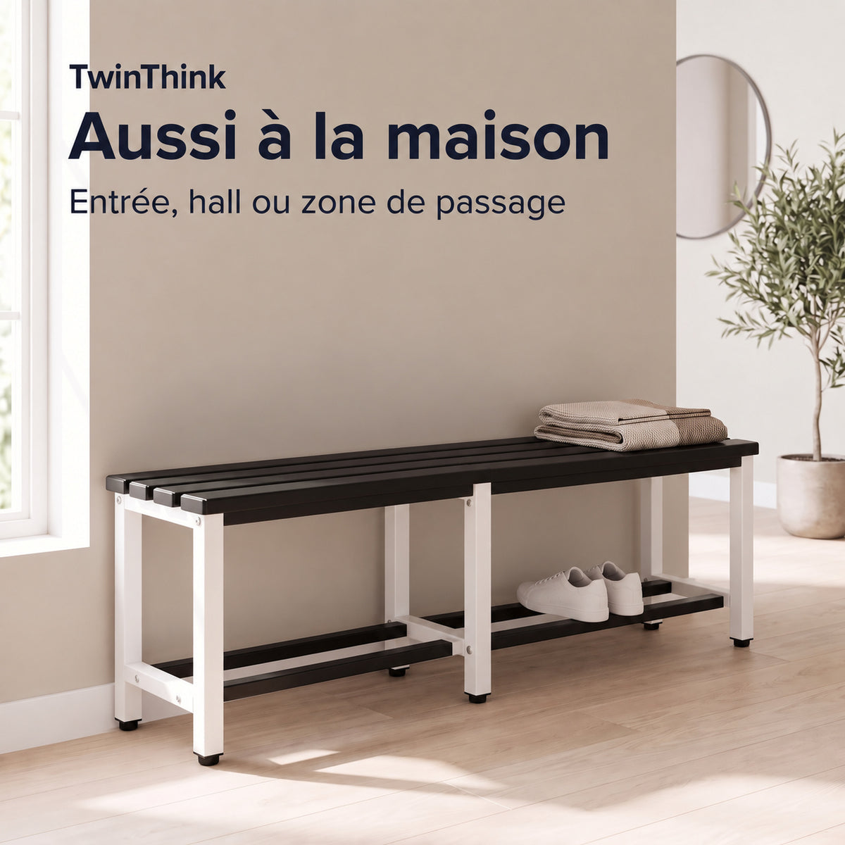 Banc de vestiaire métallique, 150×32×45 cm en noir et blanc (Eclipse), dans l'entrée d'une maison