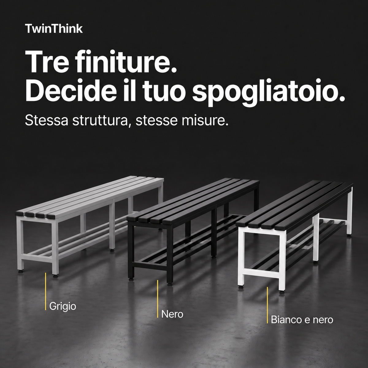 Panca da spogliatoio in metallo, 150×32×45 cm in bianco e nero (Eclipse), le tre finiture: grigio, nero, bianco e nero