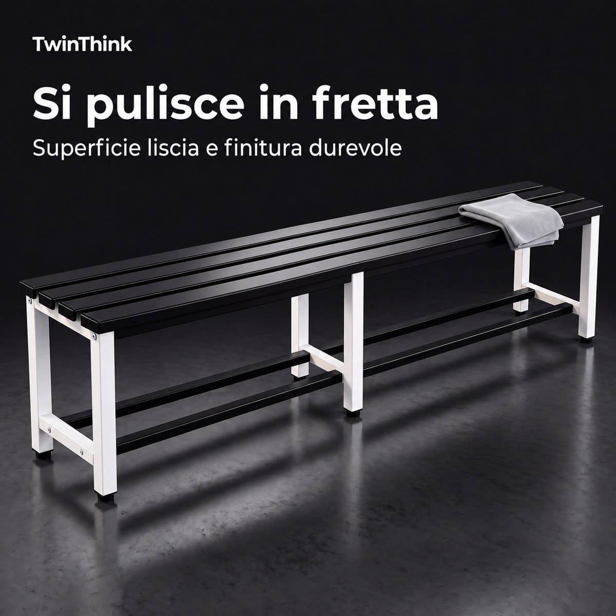 Panca da spogliatoio in metallo, 150×32×45 cm in bianco e nero (Eclipse), superficie liscia che si pulisce in fretta