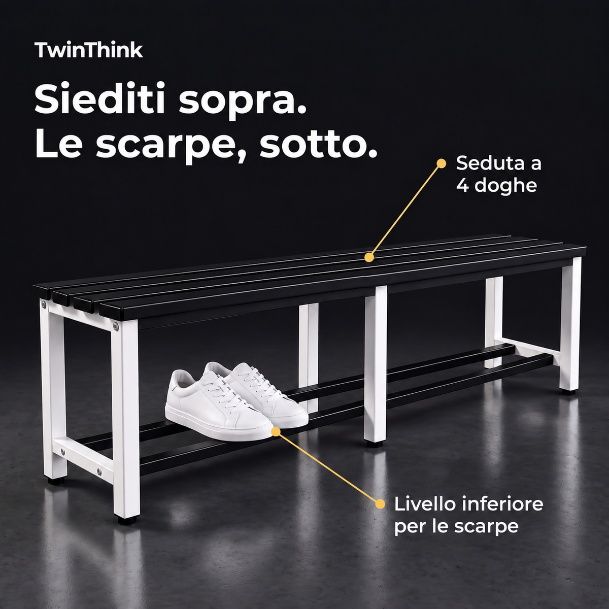 Panca da spogliatoio in metallo, 150×32×45 cm in bianco e nero (Eclipse), seduta a 4 doghe e ripiano inferiore per le scarpe