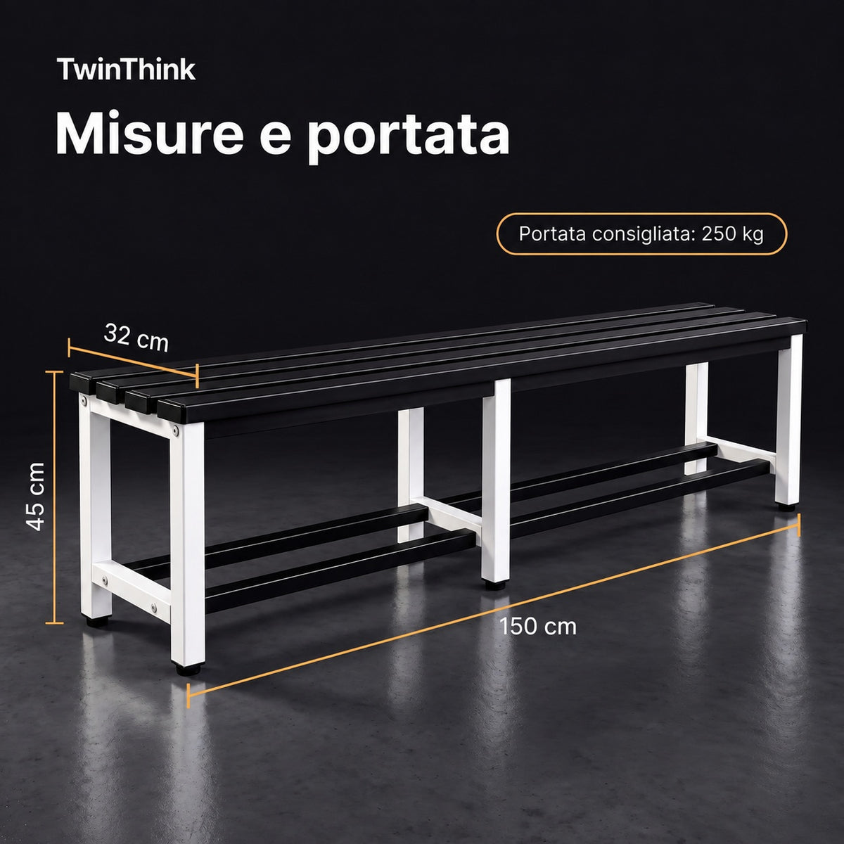 Panca da spogliatoio in metallo, 150×32×45 cm in bianco e nero (Eclipse), misure e portata consigliata