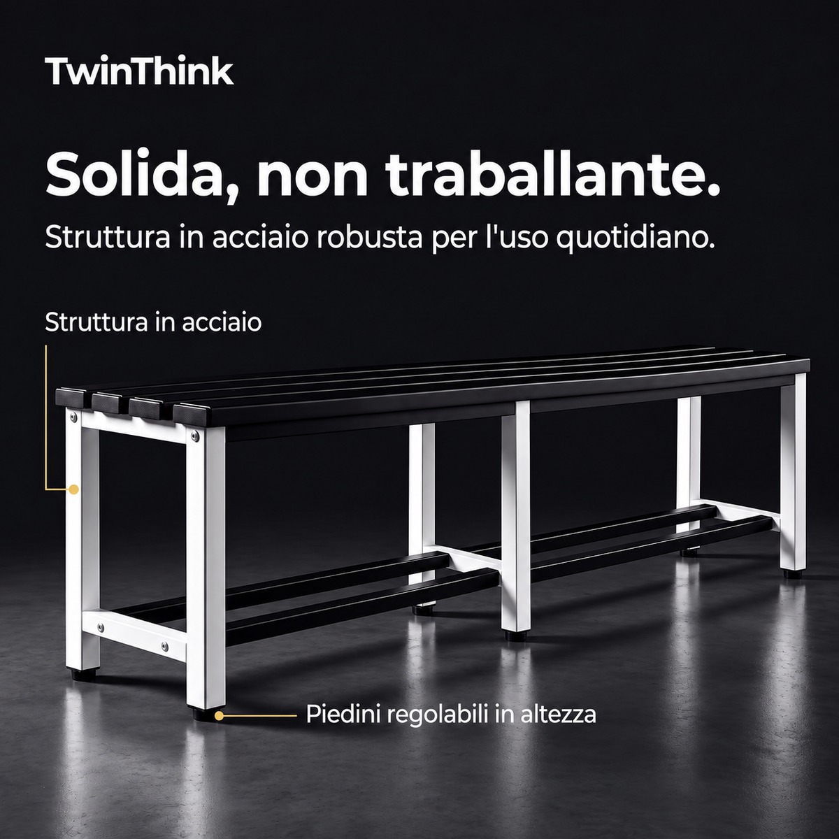 Panca da spogliatoio in metallo, 150×32×45 cm in bianco e nero (Eclipse), struttura in acciaio
