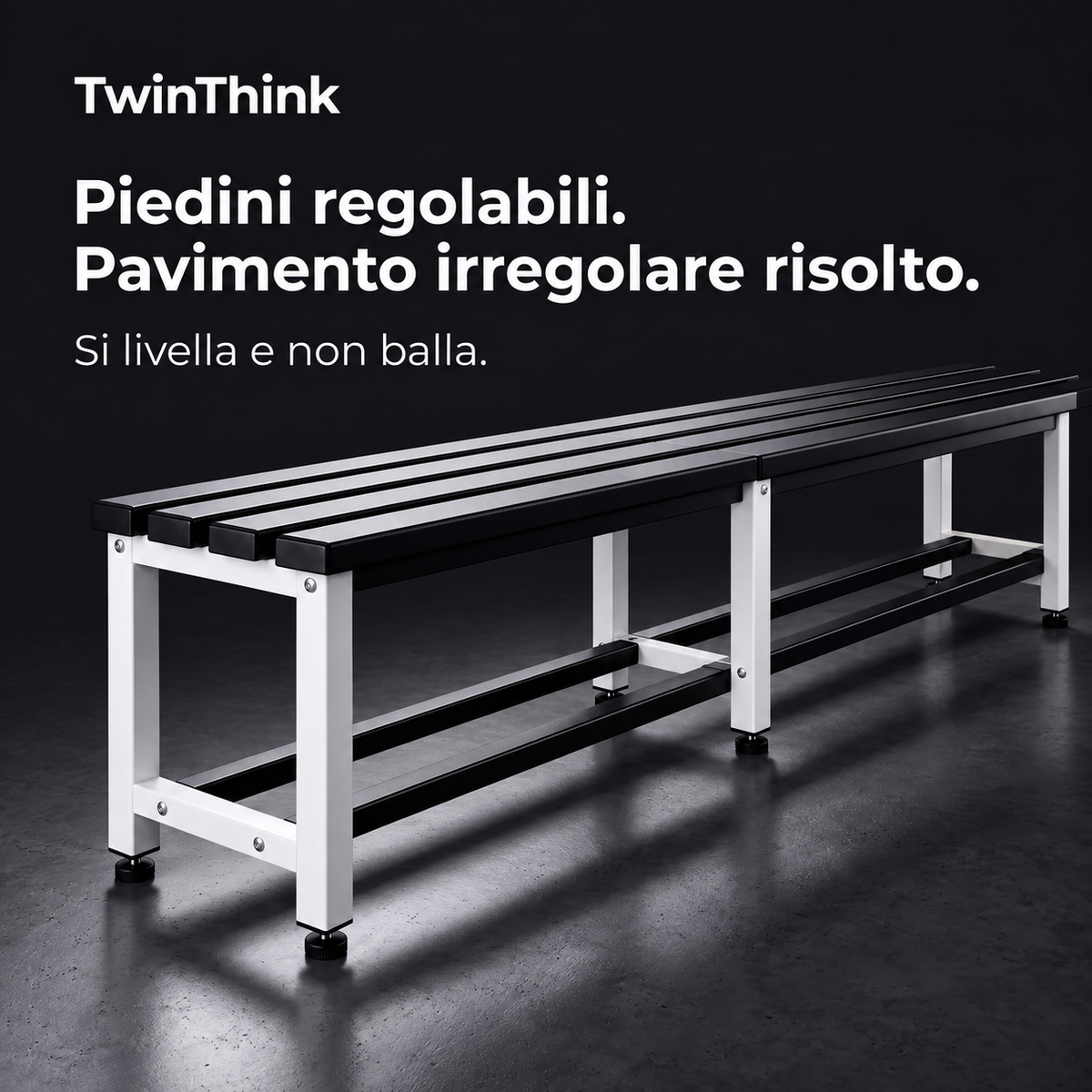 Panca da spogliatoio in metallo, 150×32×45 cm in bianco e nero (Eclipse), piedini regolabili in altezza