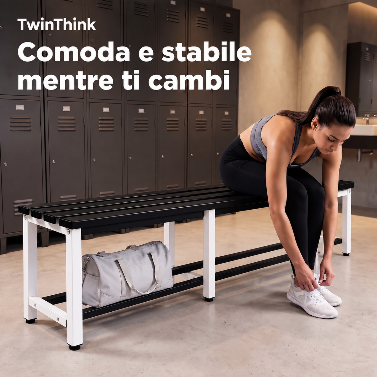 Panca da spogliatoio in metallo, 150×32×45 cm in bianco e nero (Eclipse), in uno spogliatoio da palestra
