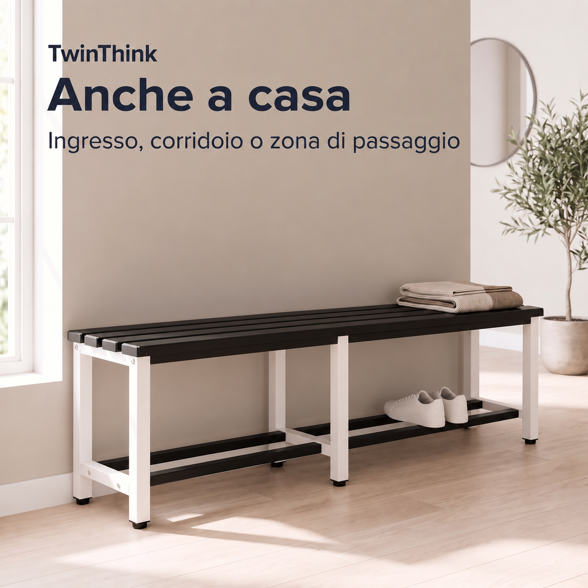 Panca da spogliatoio in metallo, 150×32×45 cm in bianco e nero (Eclipse), nell'ingresso di casa