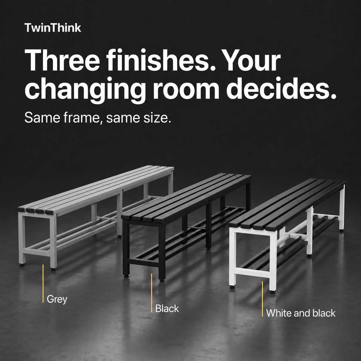 Metal changing room bench, 150×32×45 cm in white (Lunar White), the three finishes: grey, black, and white and black