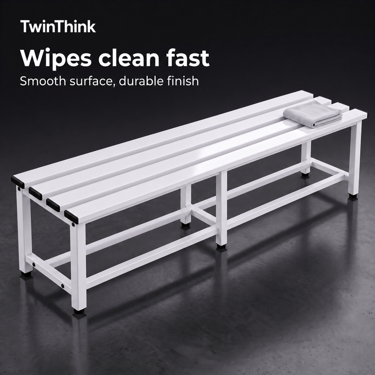 Metal changing room bench, 150×32×45 cm in white (Lunar White), smooth surface that wipes clean fast