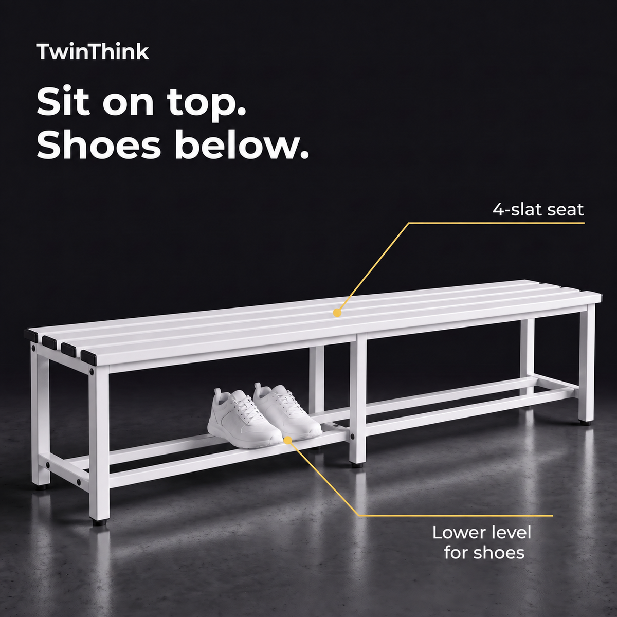 Metal changing room bench, 150×32×45 cm in white (Lunar White), 4-slat seat and lower shelf for shoes