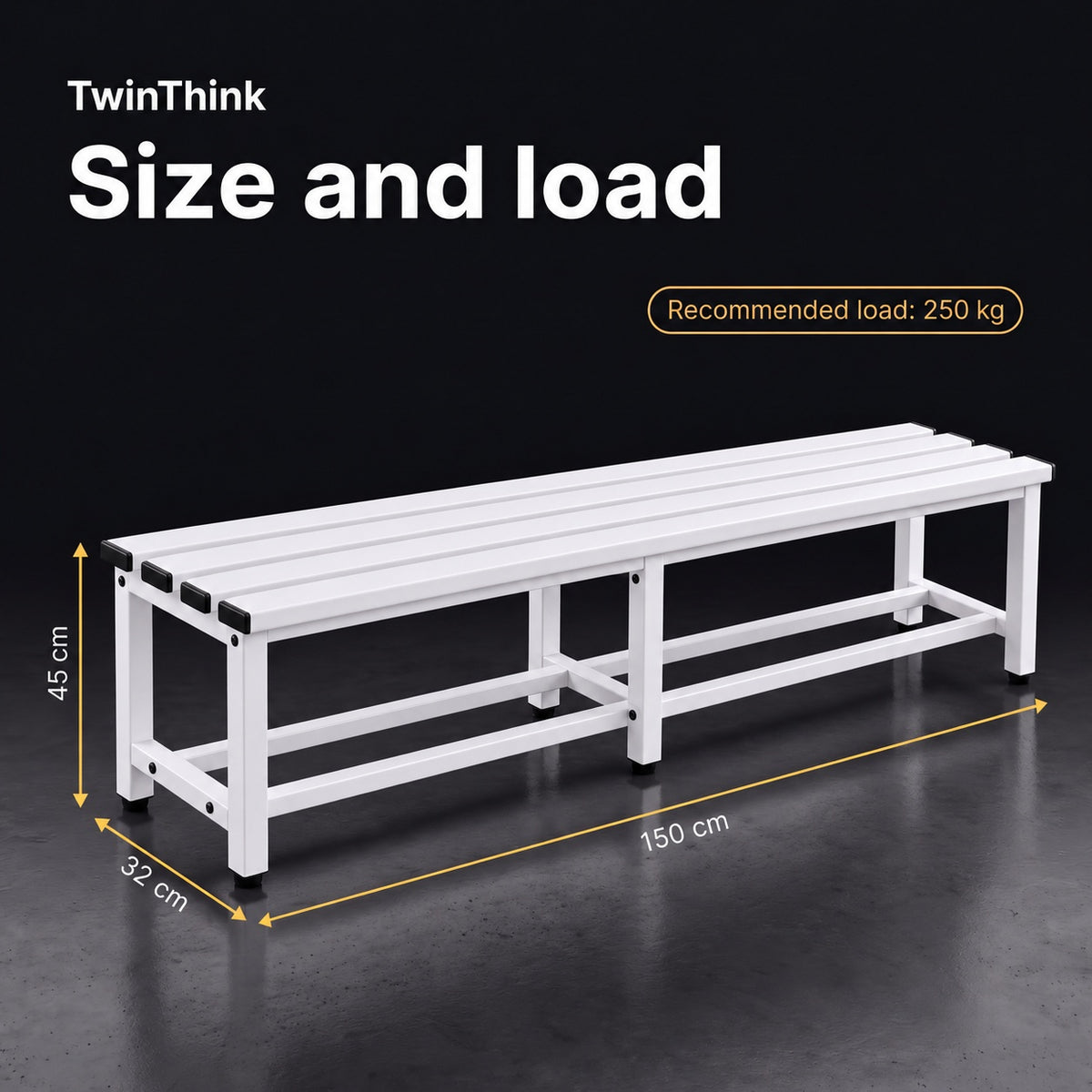 Metal changing room bench, 150×32×45 cm in white (Lunar White), dimensions and recommended load