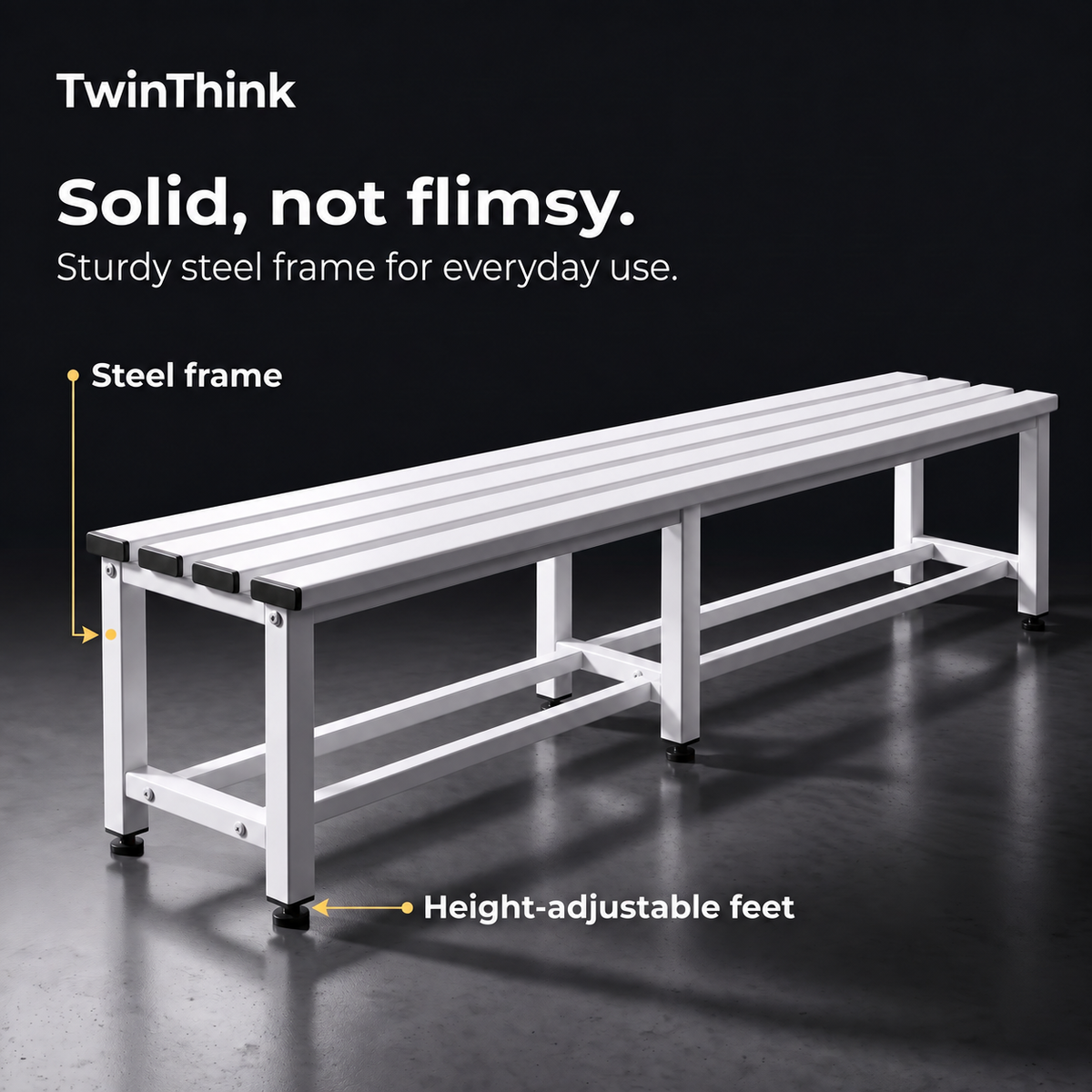 Metal changing room bench, 150×32×45 cm in white (Lunar White), steel frame