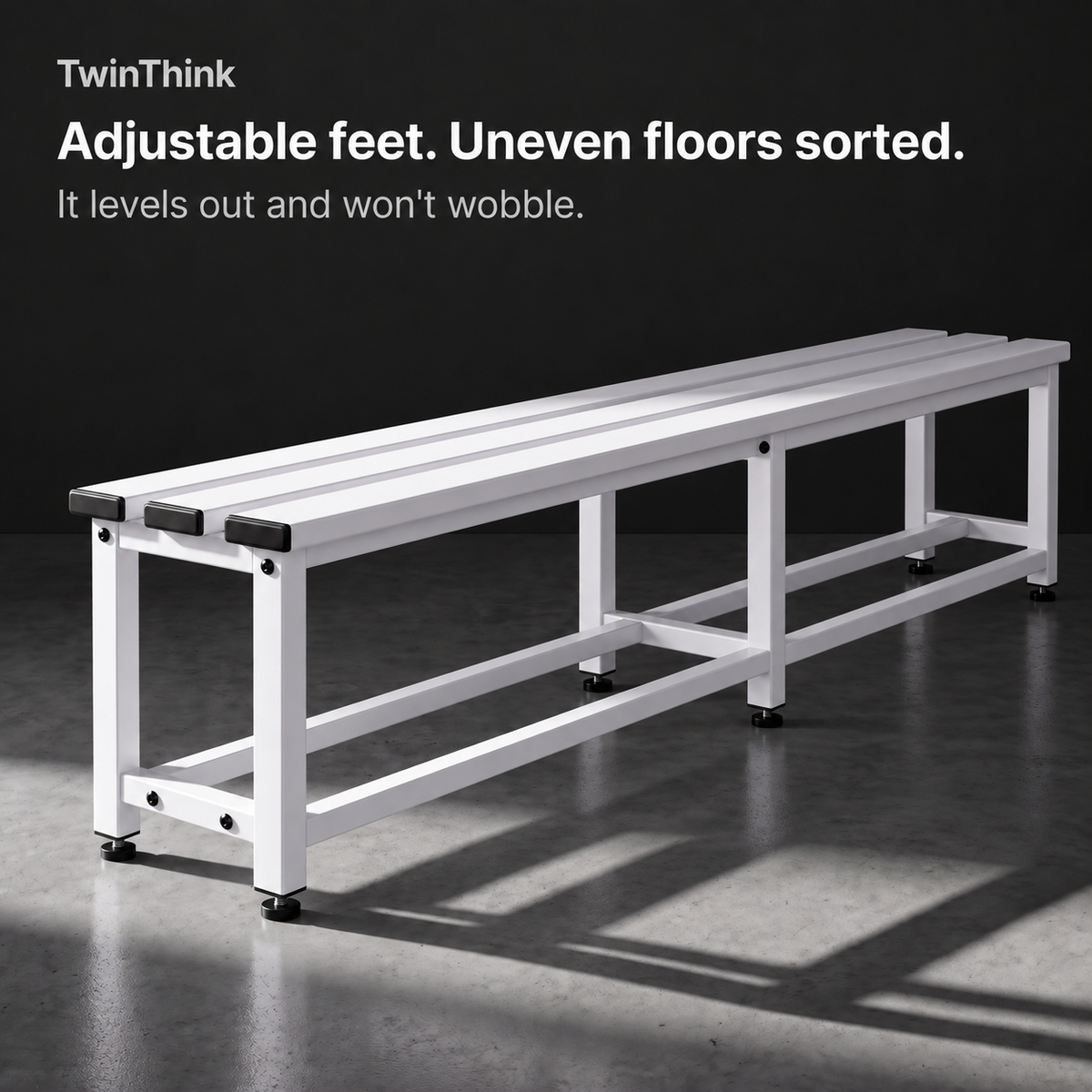 Metal changing room bench, 150×32×45 cm in white (Lunar White), height-adjustable feet