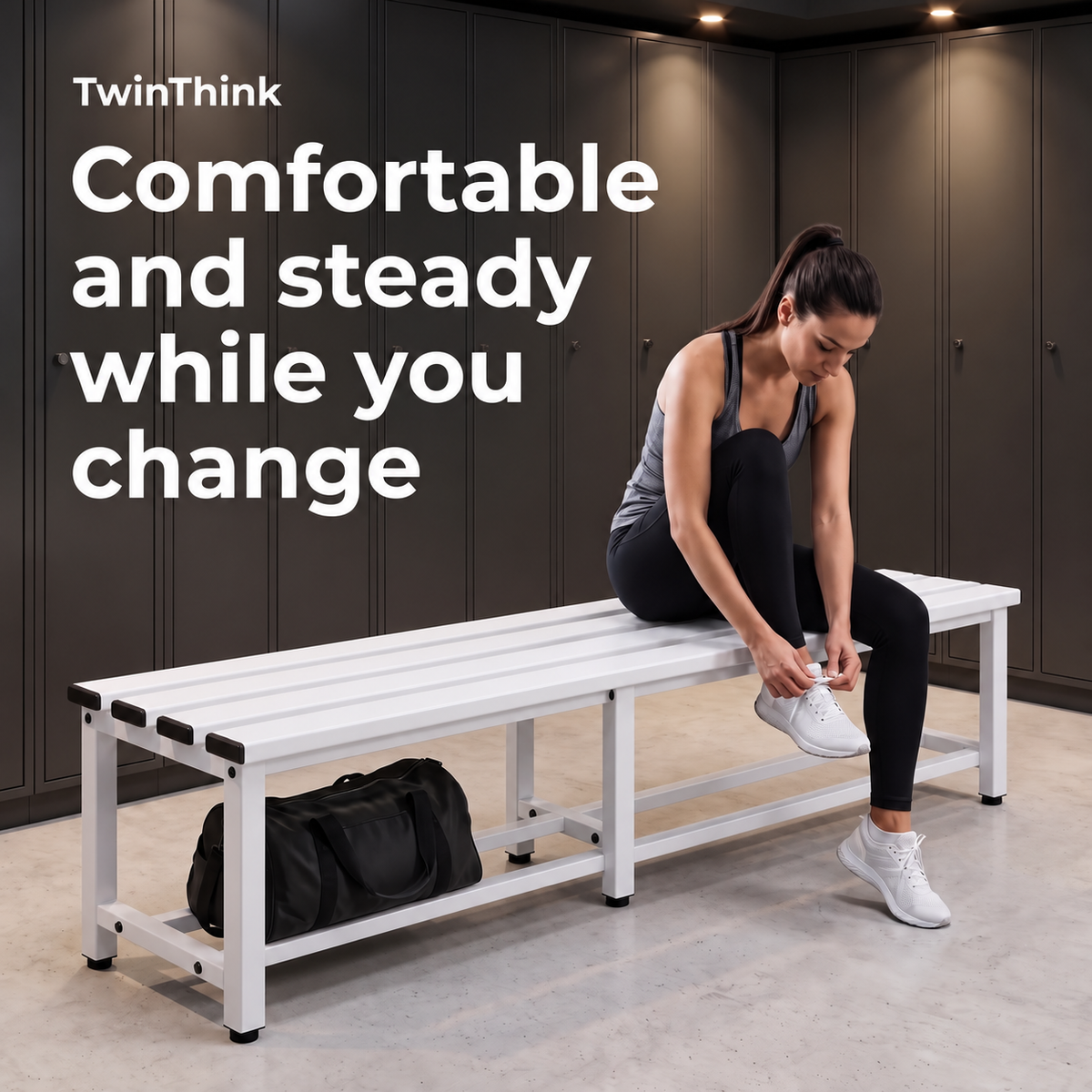 Metal changing room bench, 150×32×45 cm in white (Lunar White), in a gym changing room