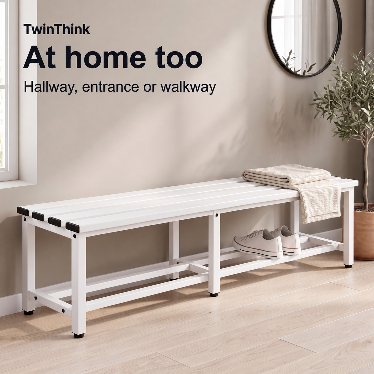 Metal changing room bench, 150×32×45 cm in white (Lunar White), in a home entryway