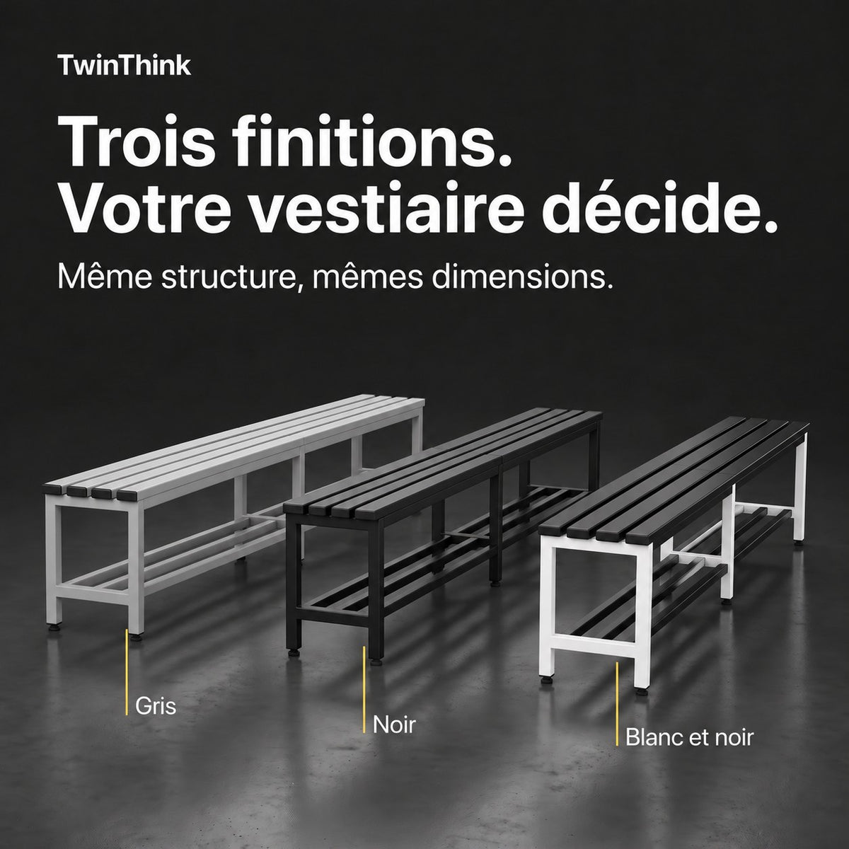 Banc de vestiaire métallique, 150×32×45 cm en blanc Lunar White, les trois finitions : gris, noir, blanc et noir