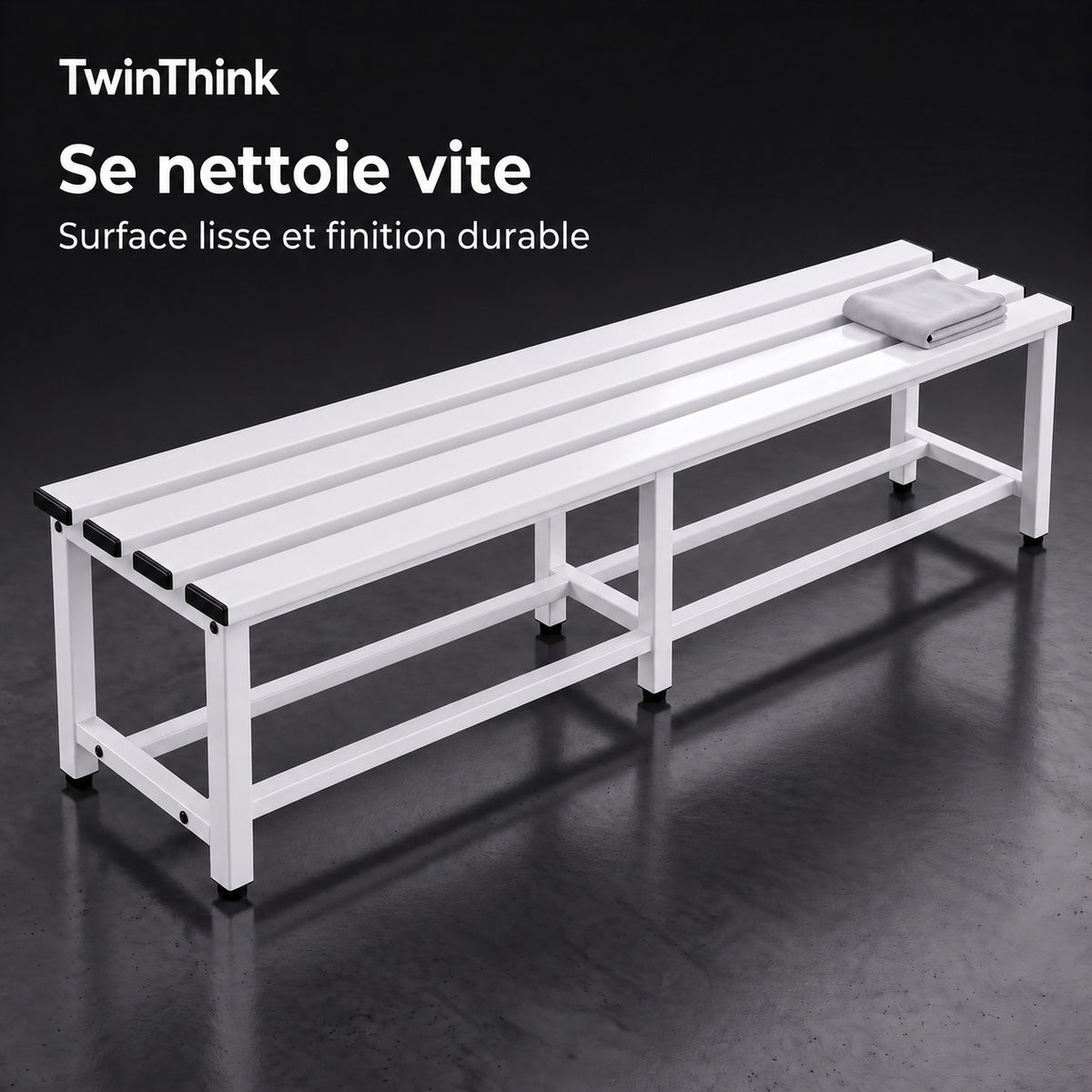Banc de vestiaire métallique, 150×32×45 cm en blanc Lunar White, surface lisse qui se nettoie vite